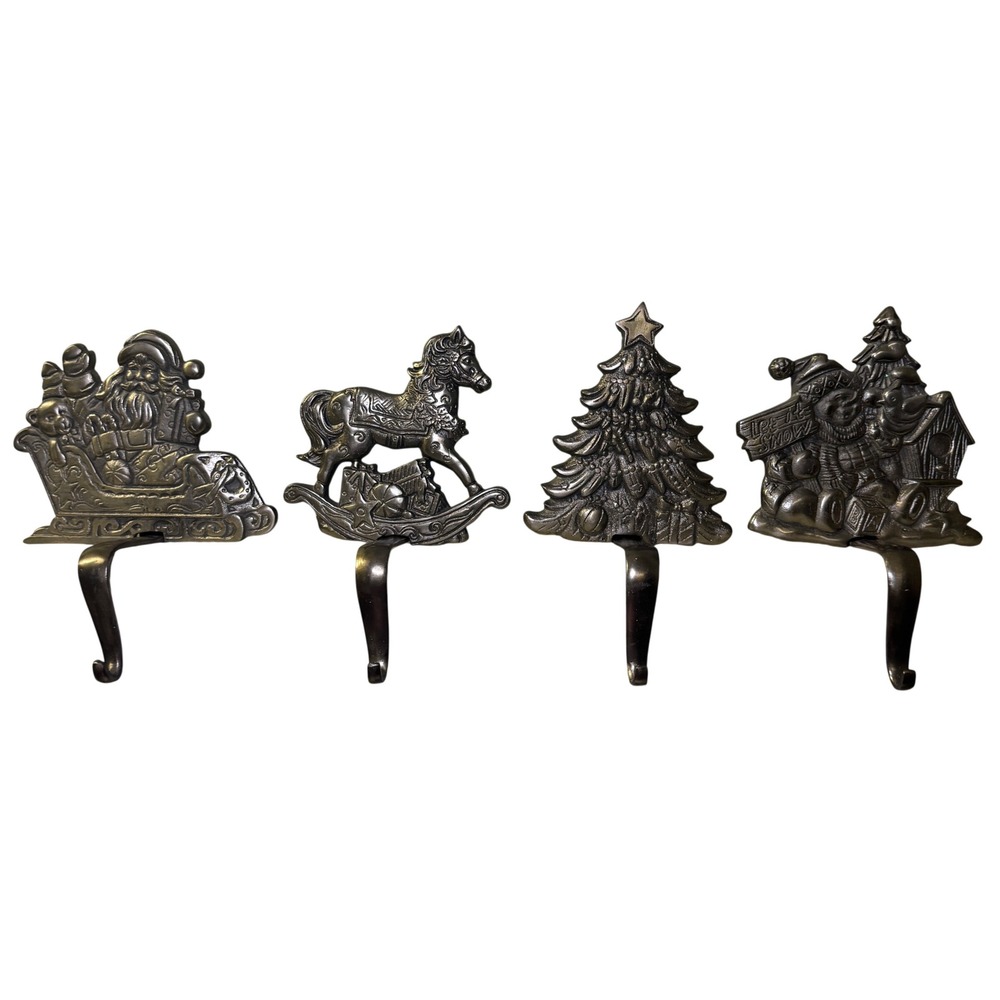 Vintage Style Cast Metal Christmas Stocking Holders Set of 4 Pewter Finish Santa